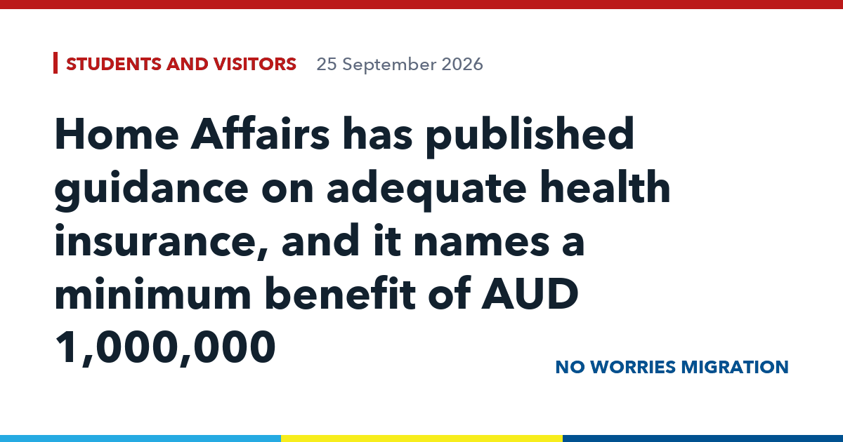 Home Affairs has published guidance on adequate health insurance, and it names a minimum benefit of AUD 1,000,000