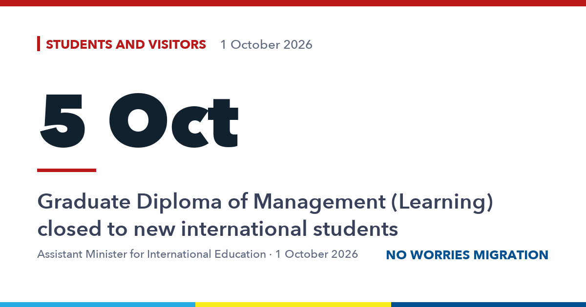 5 Oct. Graduate Diploma of Management (Learning) closed to new international students